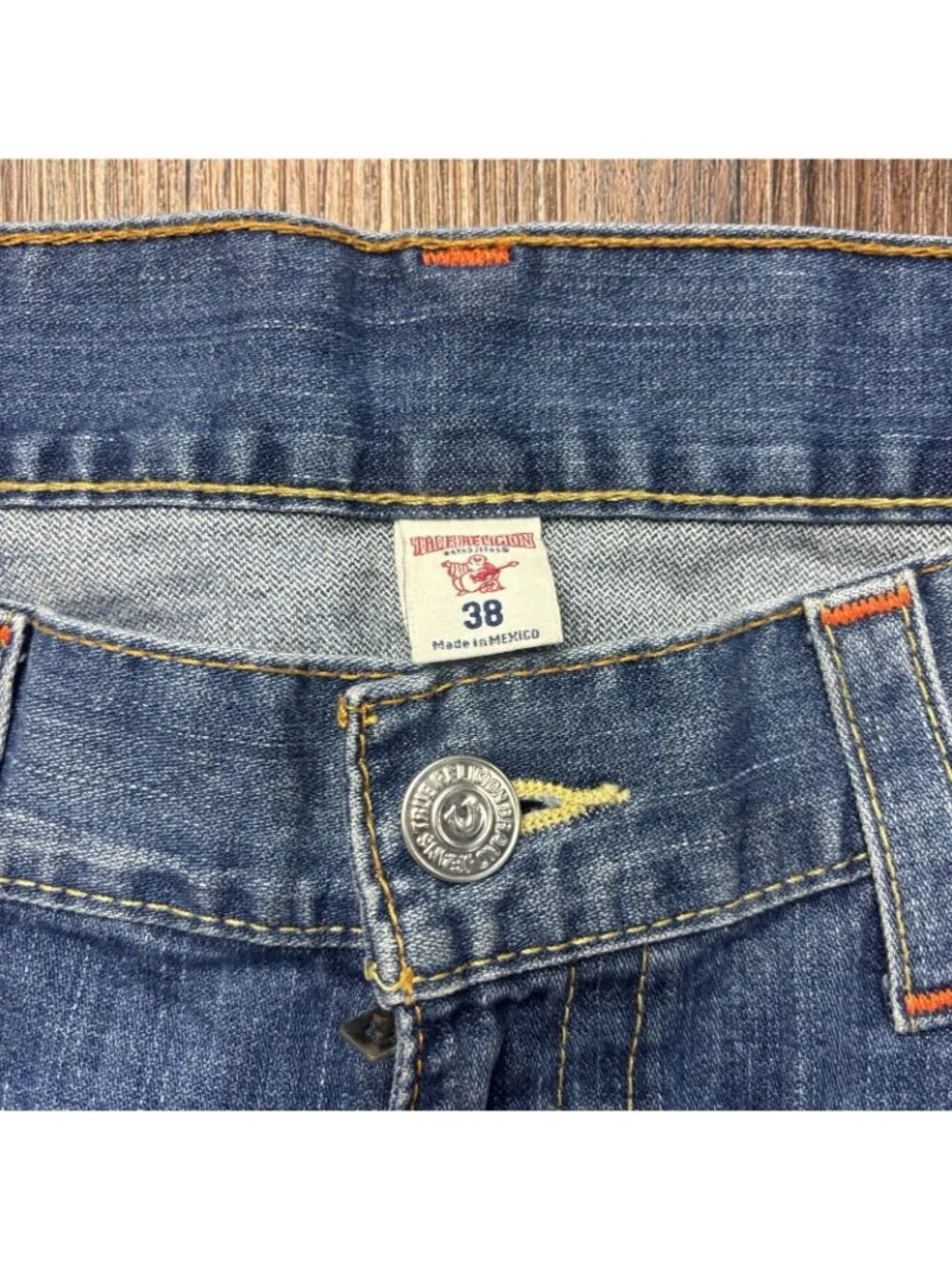 True Religion Straight Jeans Distressed Medium Wash Big T Flap Men’s Size 38
